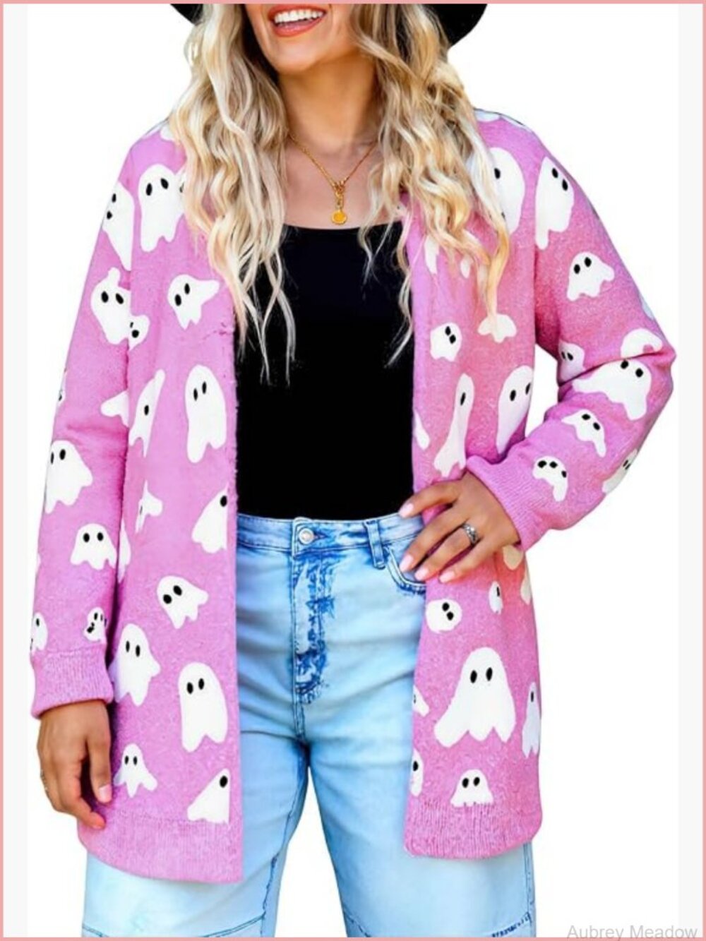 Ghost Print Open Front Long Cardigan Furry Knit Sweater Coat